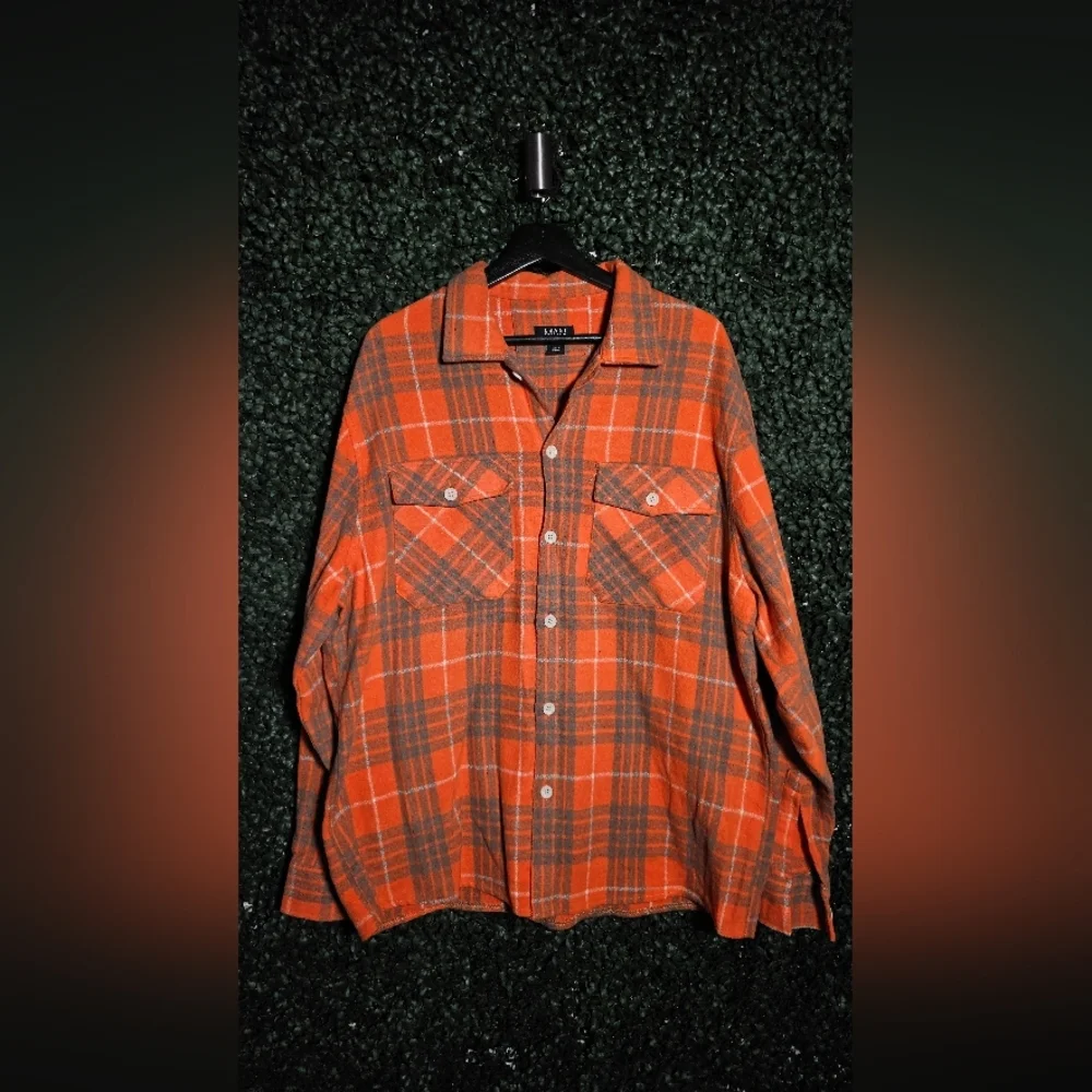 Boohoo Mens Orange Plaid Casual Button Down Shirt - Picture 3 of 5